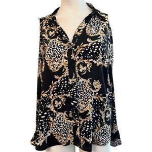 Naked Zebra Women's Large Animal Print Button Front Blouse V Neck CollarTop NWT